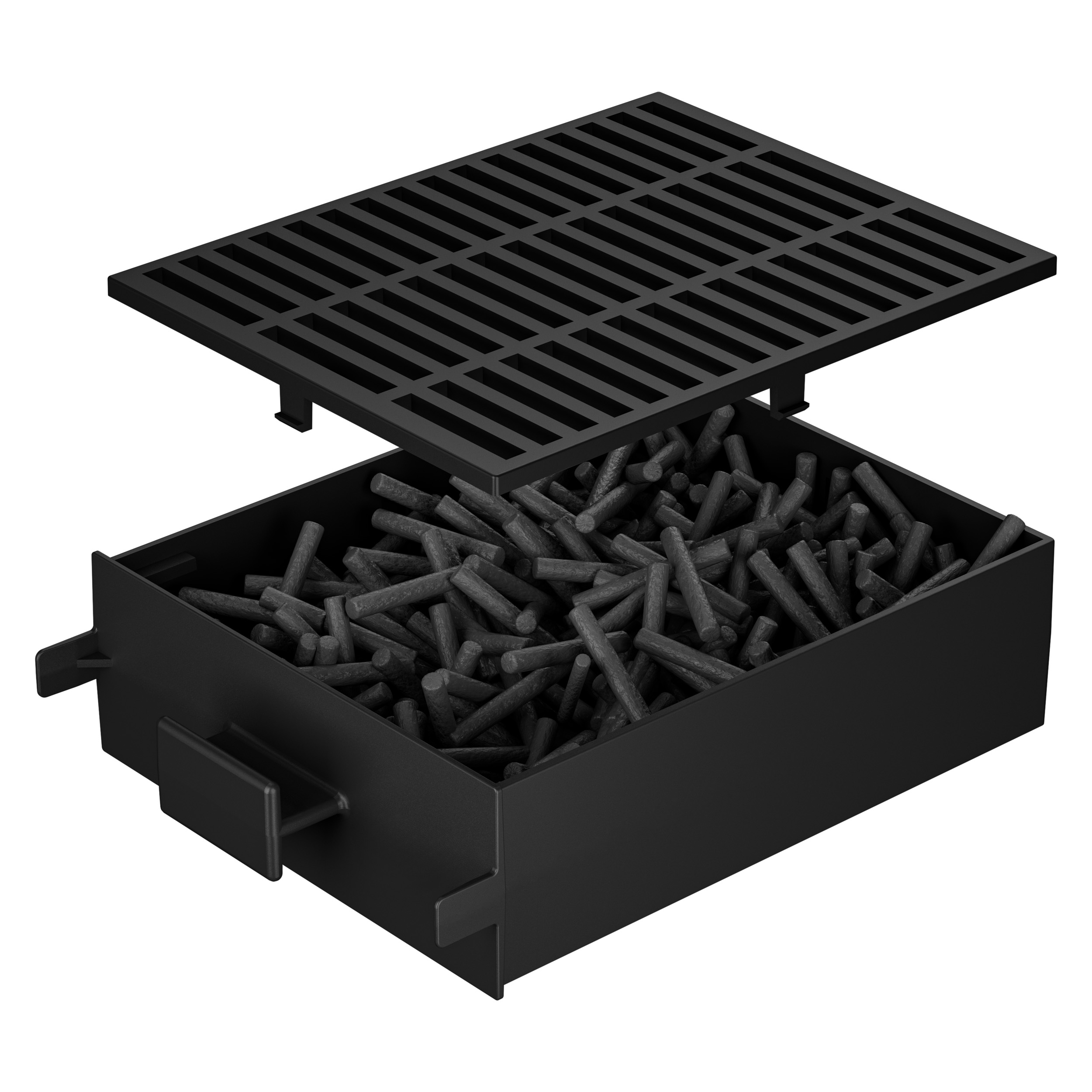 Schwarzer Holzkohlegrill mit offenem Deckel und Holzkohle. Rechteckiger Behälter mit Holzkohlezylindern gefüllt.