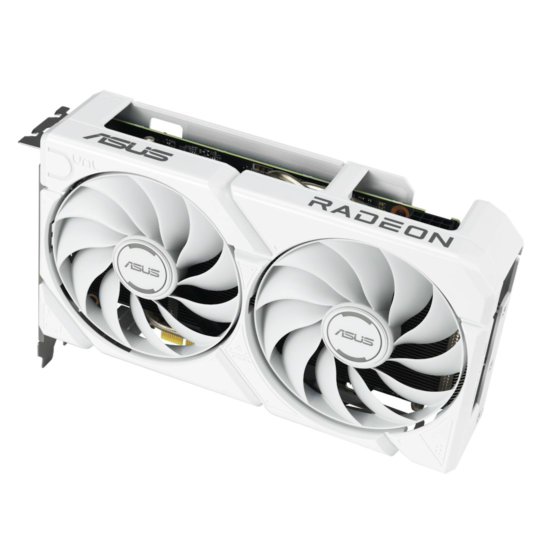 Biała karta graficzna ASUS Radeon. Ma dwa wentylatory, widoczna jest nazwa marki i słowo 'Radeon'.