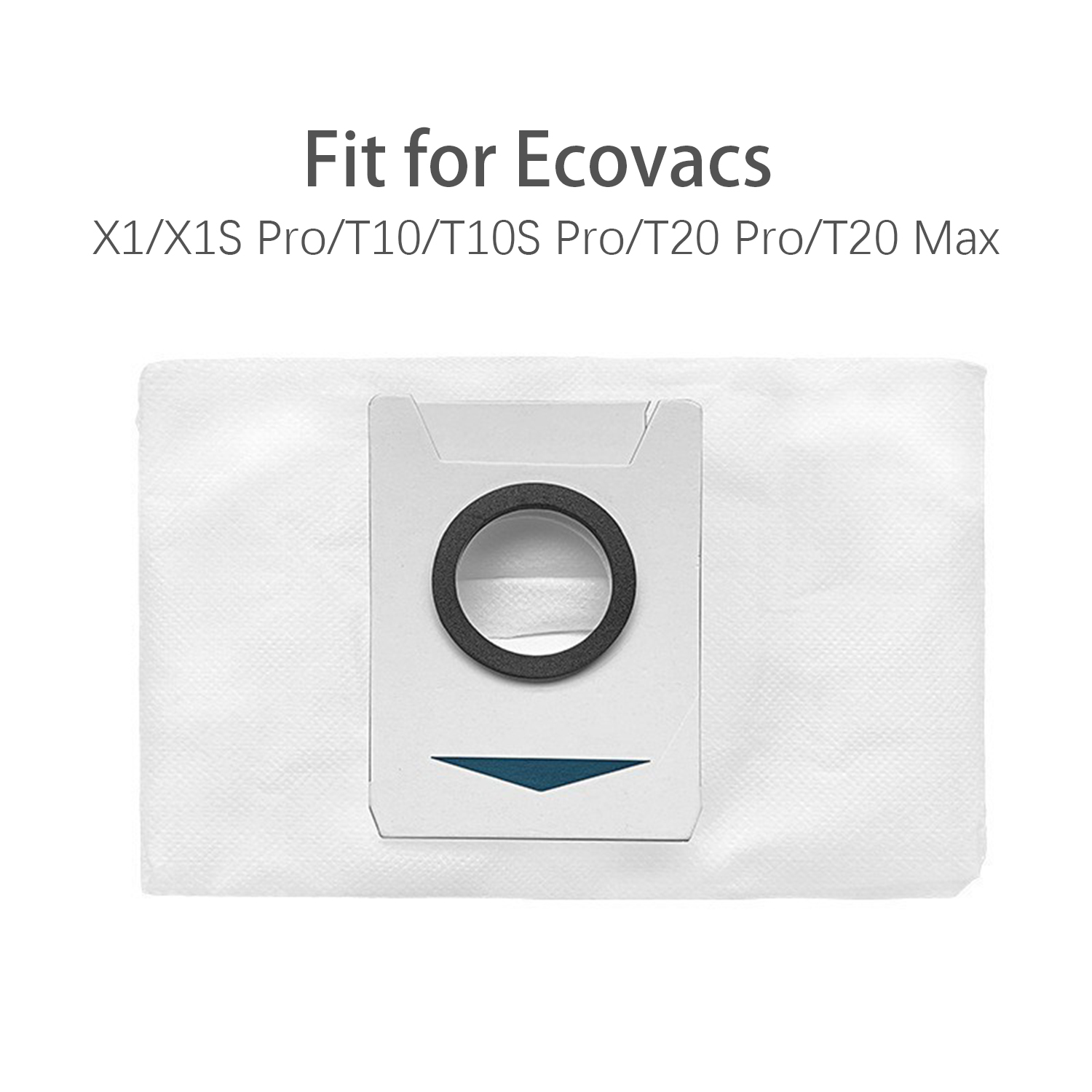 Weißer Staubsaugerbeutel mit schwarzer kreisförmiger Öffnung und blauem Dreieck. Text oben: 'Fit für Ecovacs'.