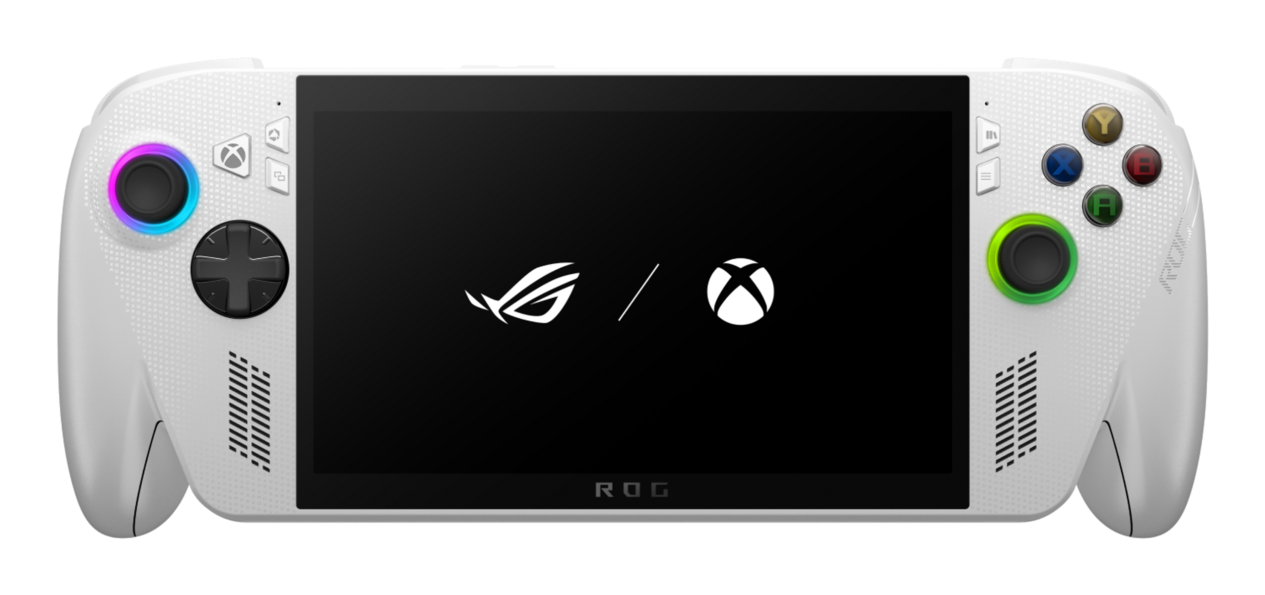 Dispositivo de juego portátil blanco con pantalla negra que muestra los logotipos de ROG y Xbox. Cuenta con botones y joysticks.