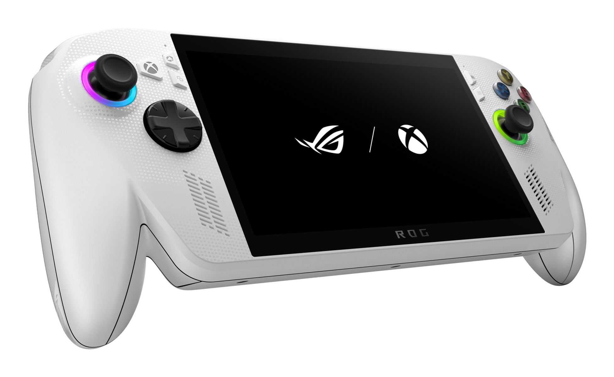 Dispositivo de juego portátil blanco con pantalla negra que muestra logotipos. Cuenta con joysticks y botones coloridos. Marca ROG visible.