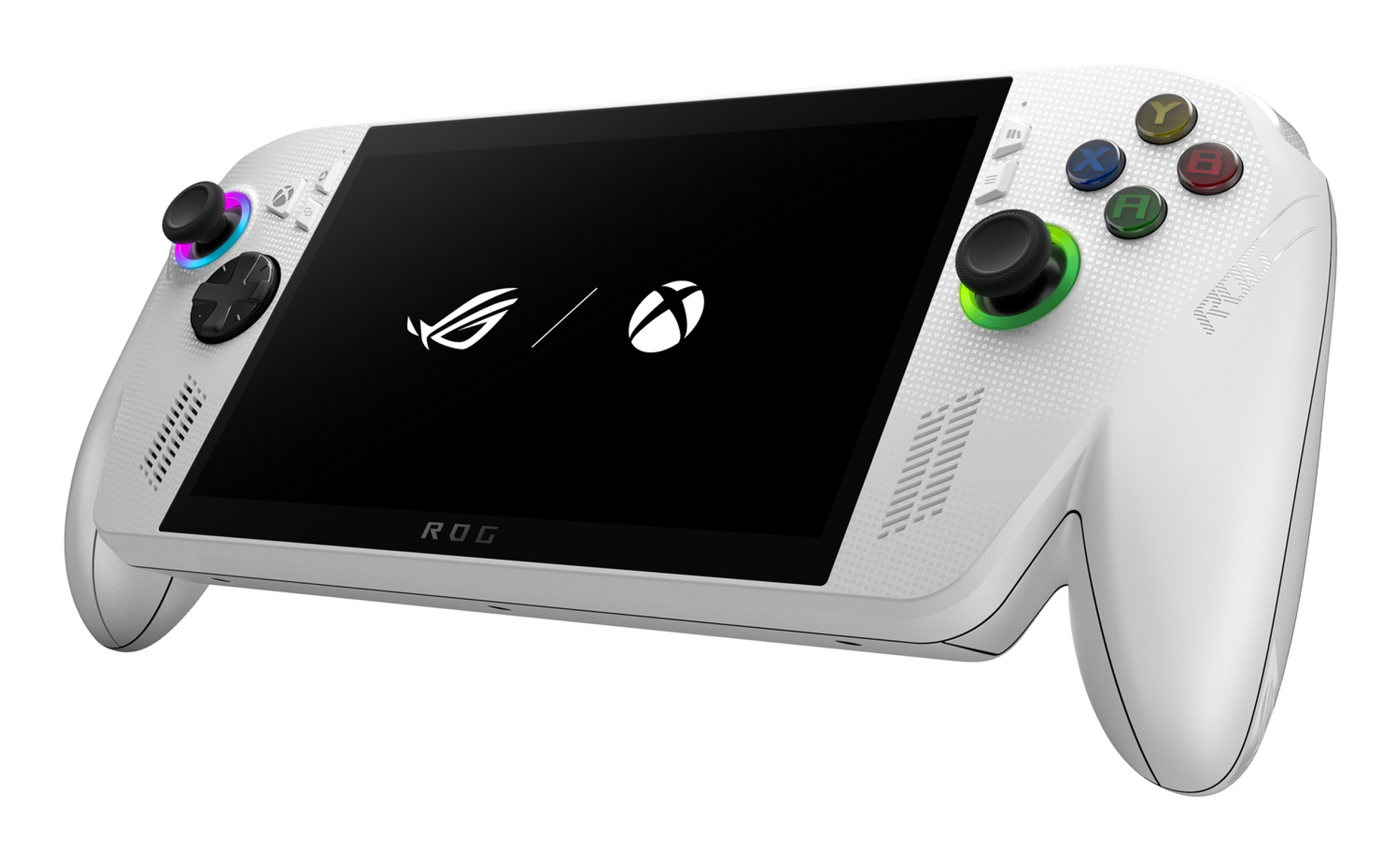 Consola de juegos portátil blanca. Pantalla negra con logos ROG y Xbox. Botones y joysticks de colores.