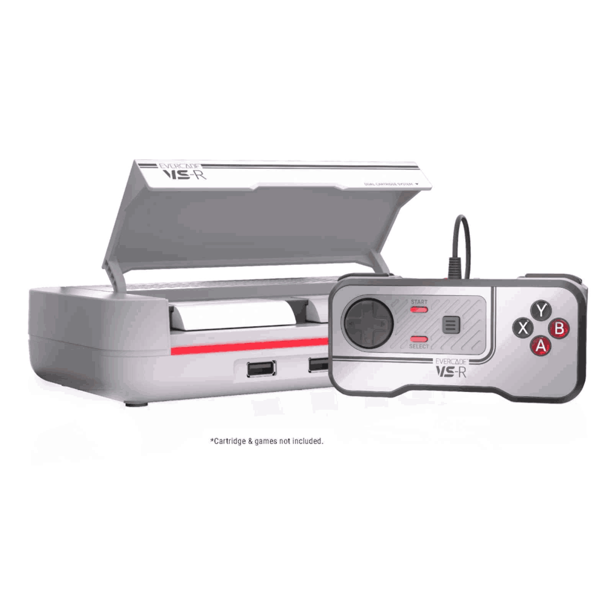 Una consola de juegos Evercade VS-R gris con la tapa abierta y un mando. El mando tiene botones y un panel direccional.