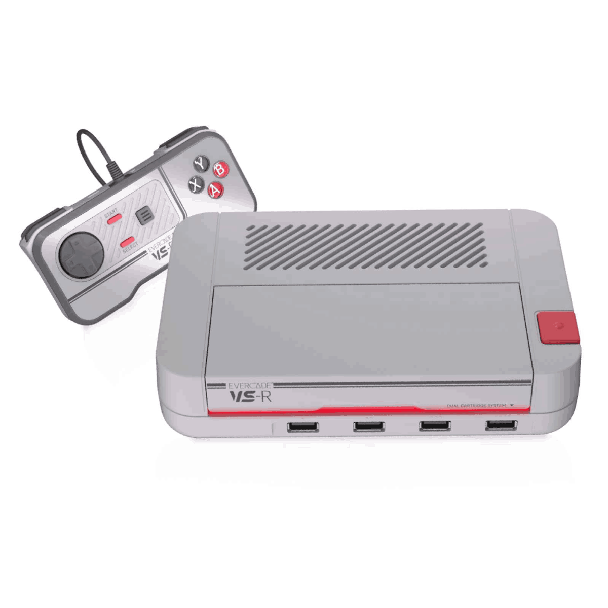 Una consola de juegos gris Evercade VS-R con un controlador separado. La consola tiene detalles en rojo y una ventilación. El controlador tiene botones.