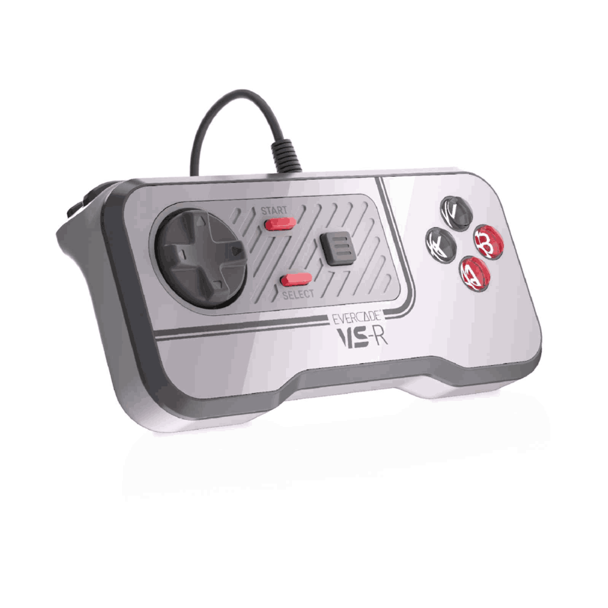 Un mando Evercade VS-R plateado. Tiene un panel direccional, botones y un cable negro.