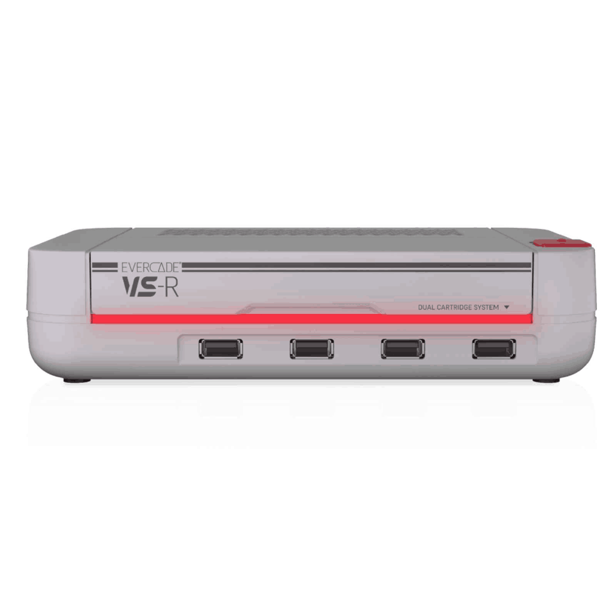 Una consola de juegos Evercade VS-R blanca. Tiene una franja roja y varios puertos USB. Se ven las palabras 'Evercade VS-R'.