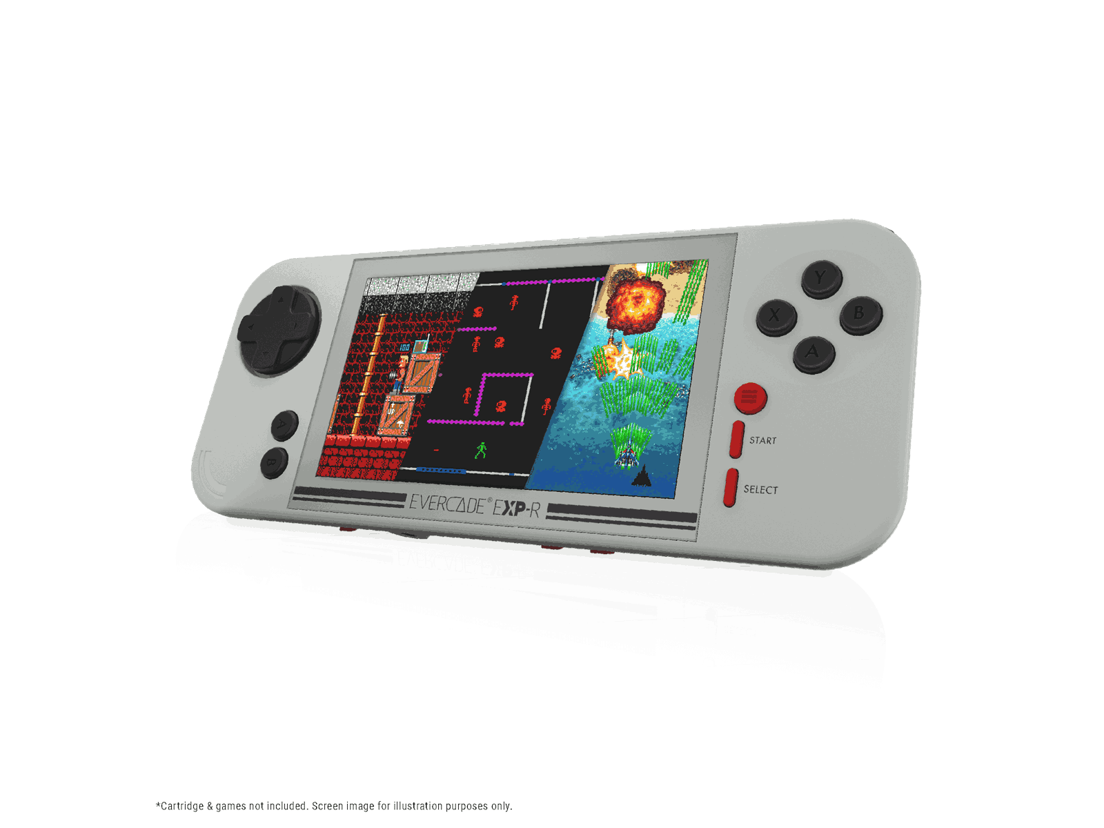 Una consola portátil gris Evercade EXP-R muestra dos escenas de juego pixeladas. Tiene botones y un D-pad.