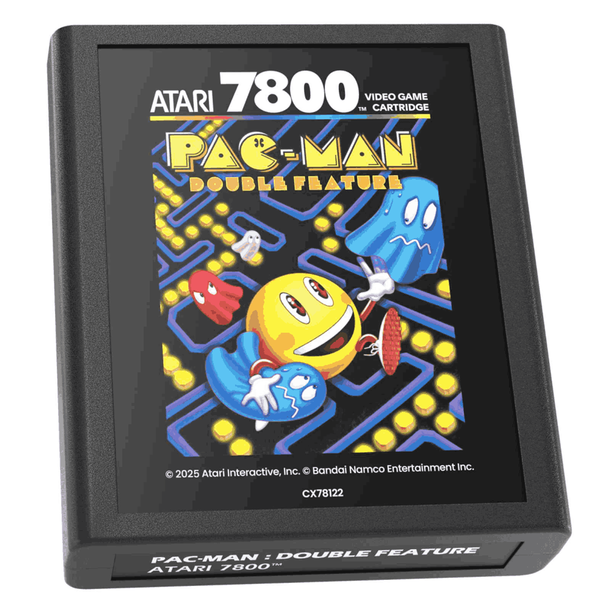 Cartucho Atari 7800 Pac-Man Double Feature. Pac-Man amarillo, fantasmas y figuras azules sobre fondo negro.