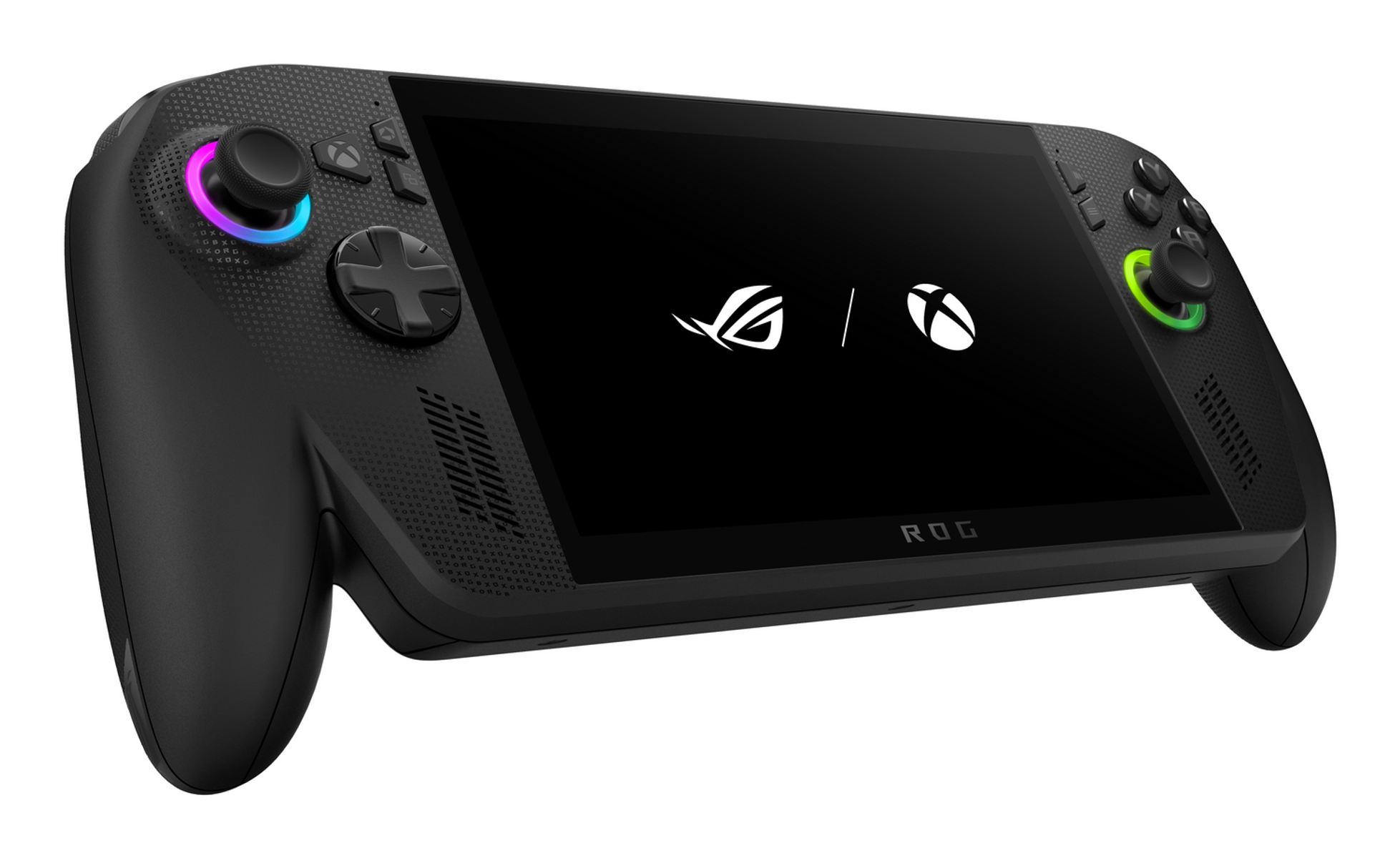 ROG ve Xbox logolarını gösteren siyah ekranlı, siyah bir ROG el tipi oyun cihazı.