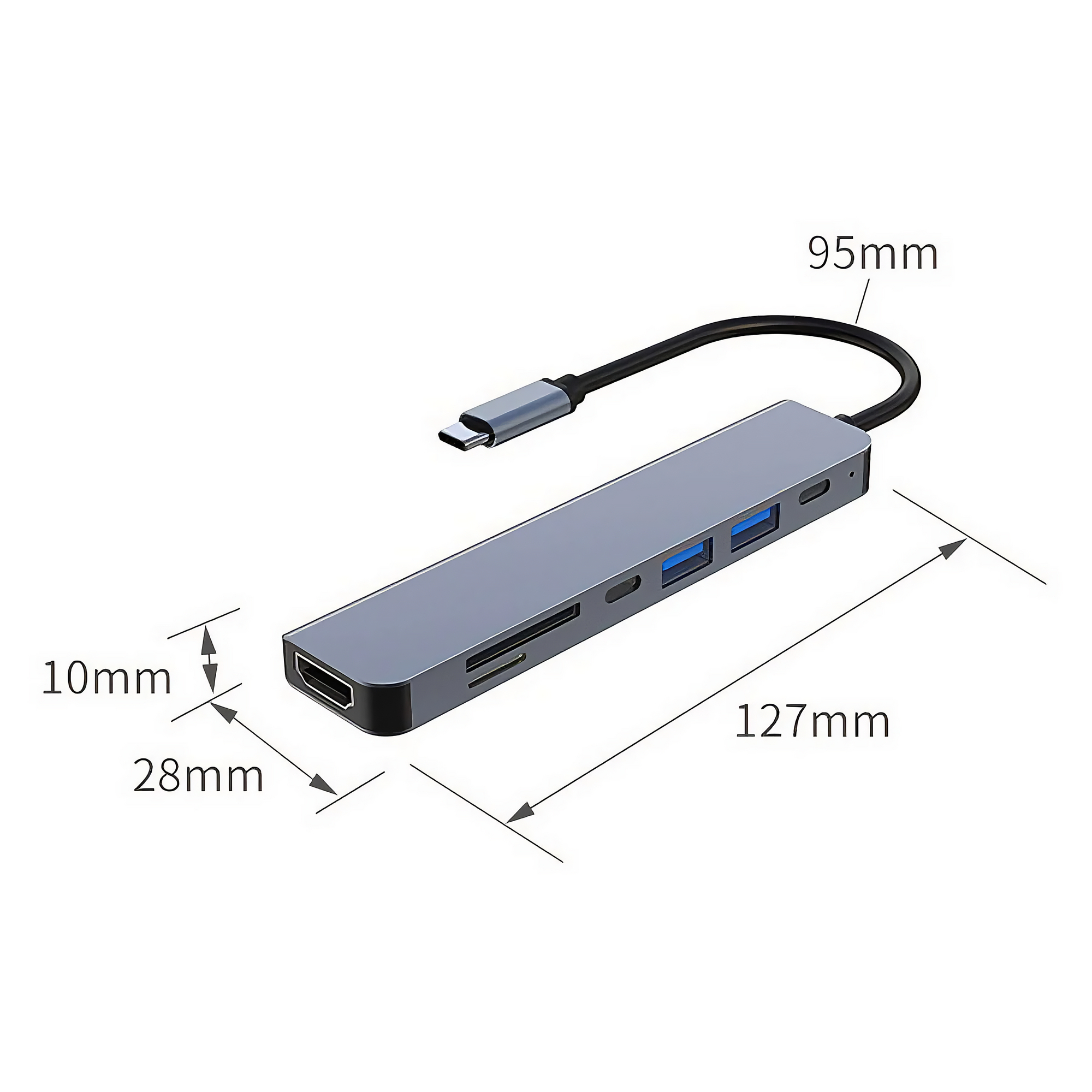 Ein grauer USB-C-Hub mit mehreren Anschlüssen, einschließlich USB, HDMI und SD-Kartensteckplatz, verbunden mit einem schwarzen Kabel.