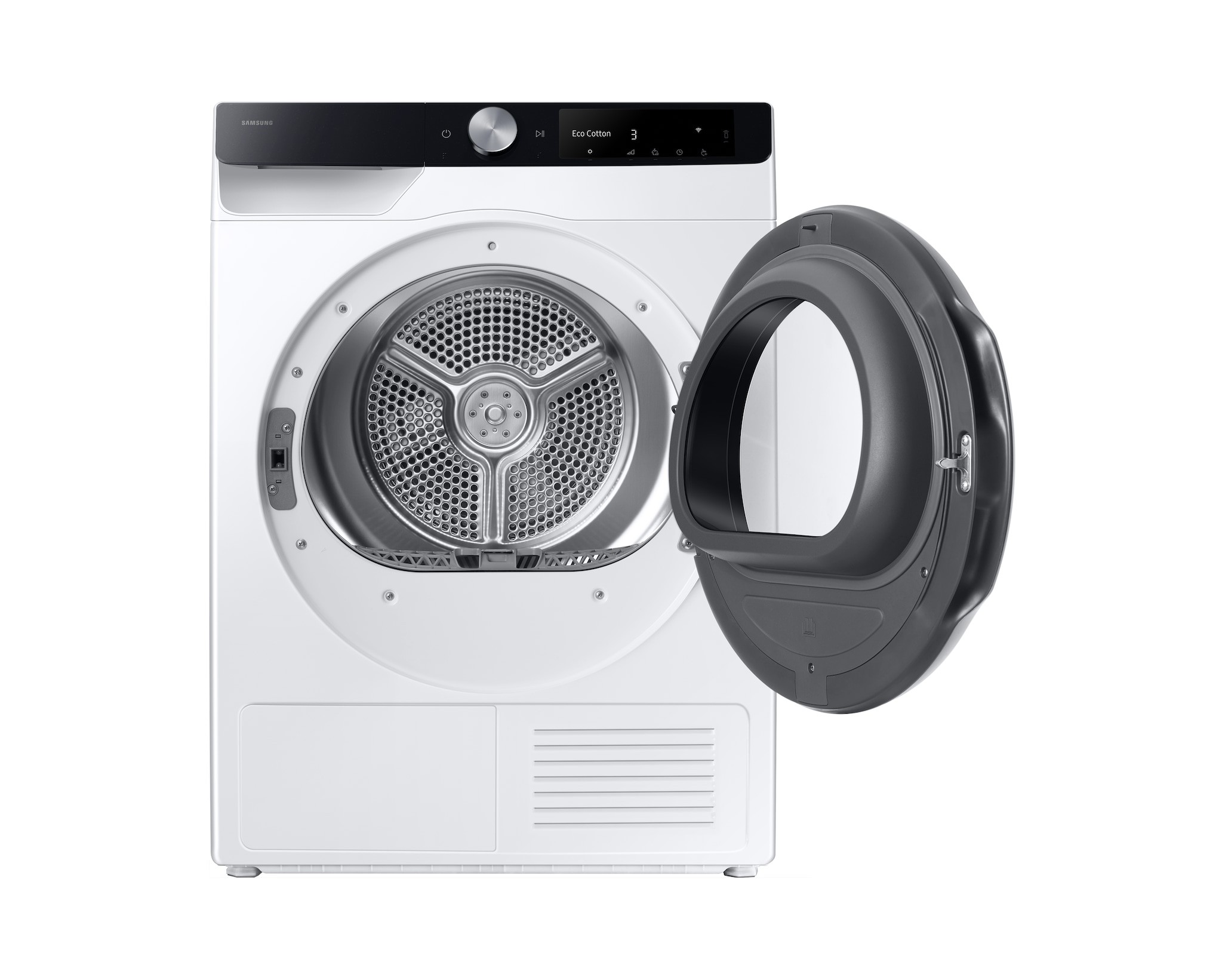 Biała suszarka Samsung z otwartymi, ciemnoszarymi drzwiami. Panel sterowania wyświetla ustawienia. Widoczny bęben.