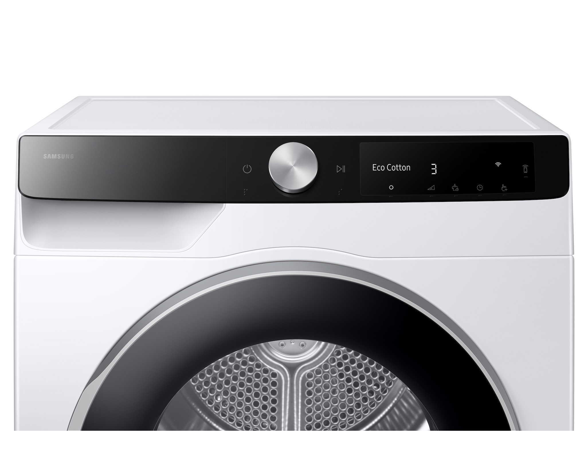 Biała suszarka Samsung. Czarny panel sterowania z pokrętłem i wyświetlaczem. Czarne drzwi ze srebrną obwódką.
