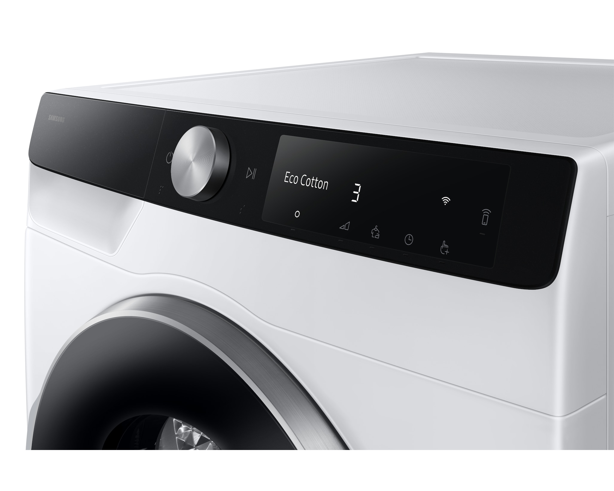 Panel sterowania białej pralki Samsung. Ma czarny wyświetlacz z napisem 'Eco Cotton' i pokrętło.