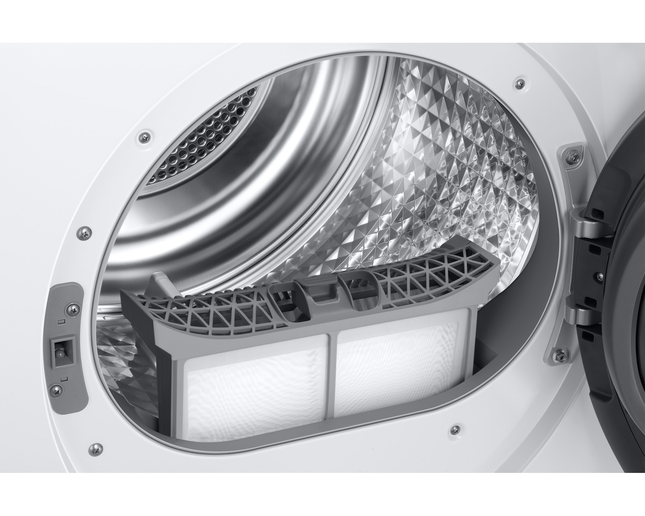 Otwarte drzwi suszarki z filtrem. Wnętrze jest metaliczne. Filtr jest szary i biały.