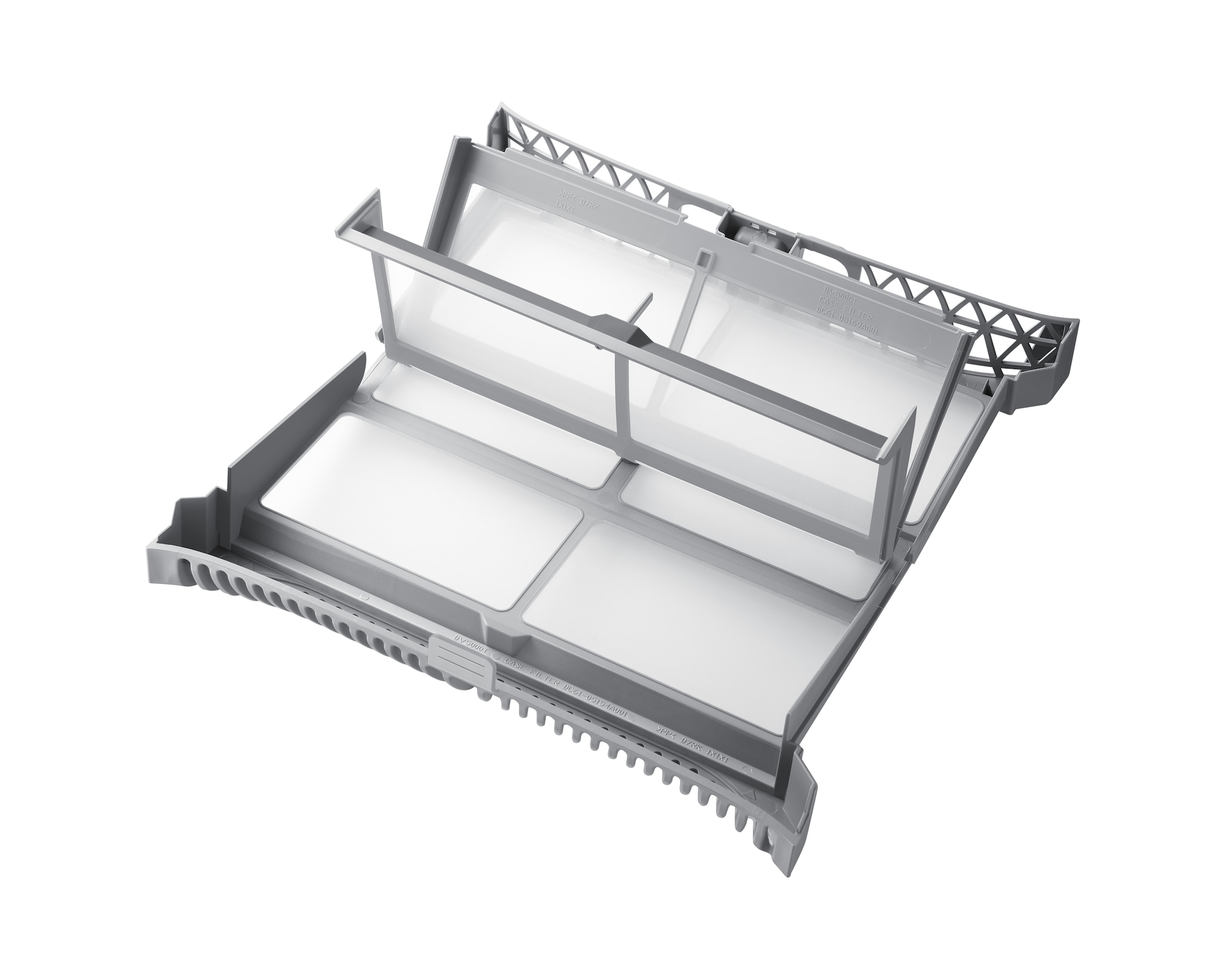 Szary filtr do suszarki o prostokątnym kształcie, z wieloma przezroczystymi sekcjami i tekstem z boku.