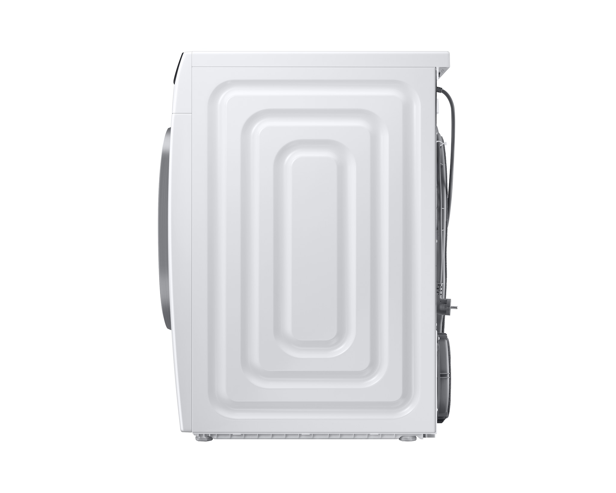 Widok z boku białej pralki z panelami z tyłu. Kable i komponenty widoczne po prawej stronie.