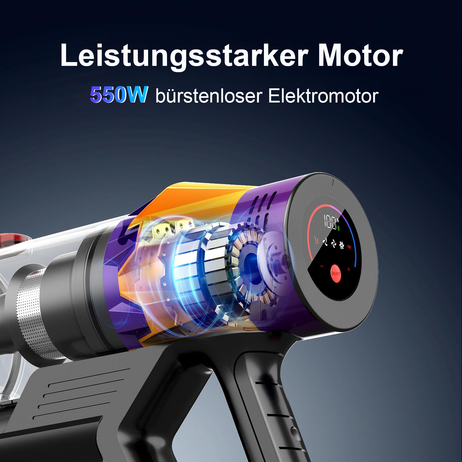Detail des Staubsaugermotors mit Text. Das Display zeigt 100 % Akku an. Lila, orange und silberne Komponenten sind sichtbar.