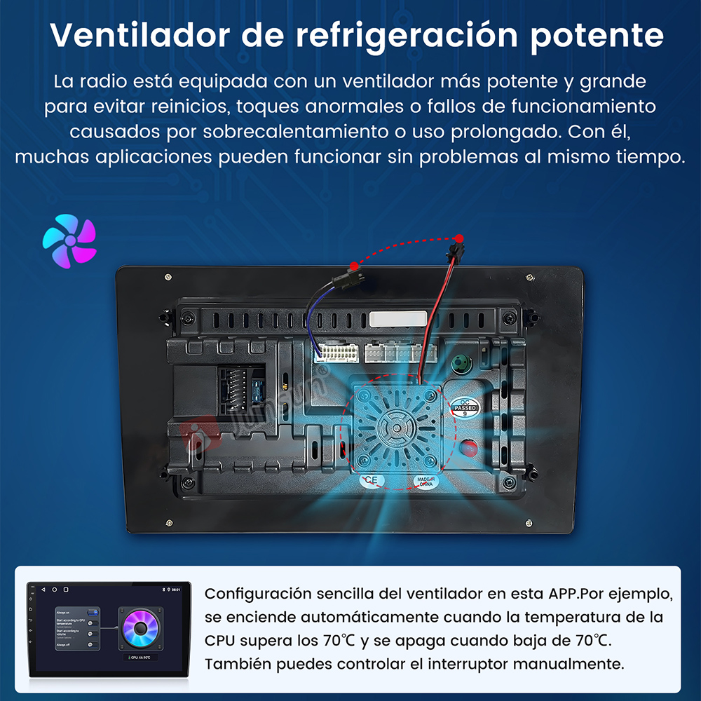 Interior de un dispositivo electrónico con ventilador. El texto explica funciones de enfriamiento, activación automática y control manual.