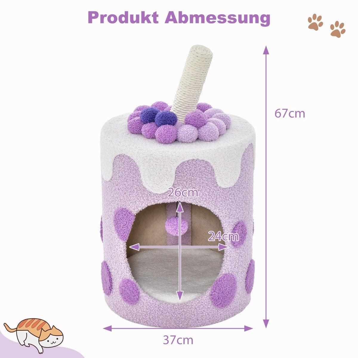Casa para gatos con forma de pastel. Tiene un agujero para entrar y salir. Colores morado y blanco, con dimensiones.