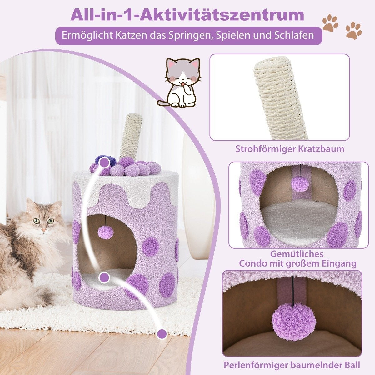 Un árbol para gatos con un gato, un poste rascador, un condominio y una bola colgante. Es morado y blanco. El texto dice que permite a los gatos saltar, jugar y dormir.