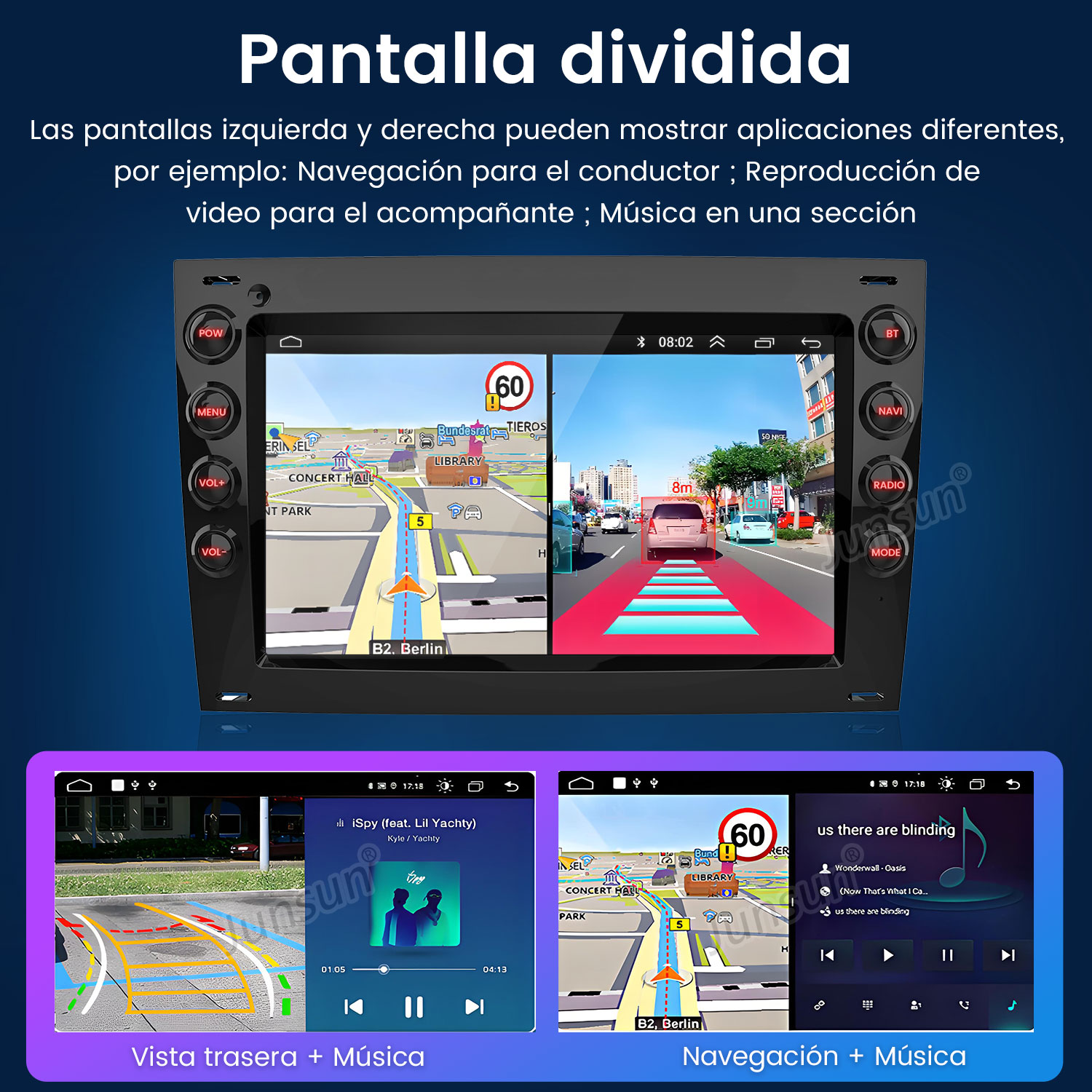 Panel del coche mostrando navegación, música y vista trasera. Señal de límite de velocidad visible.