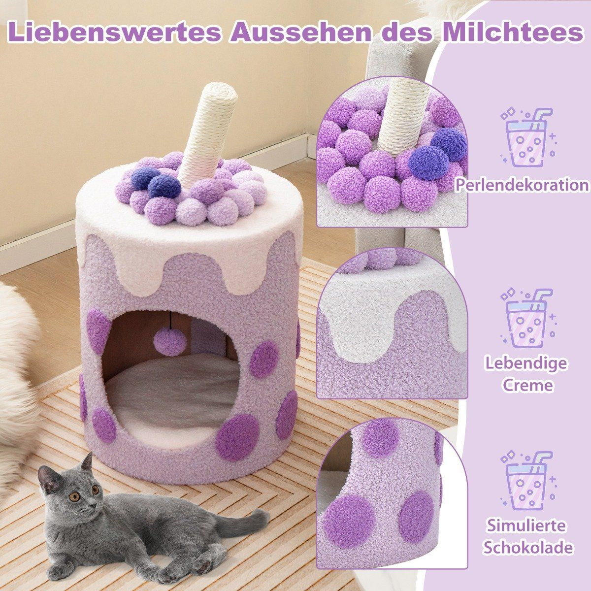 Un gato gris yace cerca de una cama para gatos con forma de pastel. La cama es morada, con glaseado blanco y bolitas moradas. Texto en español.