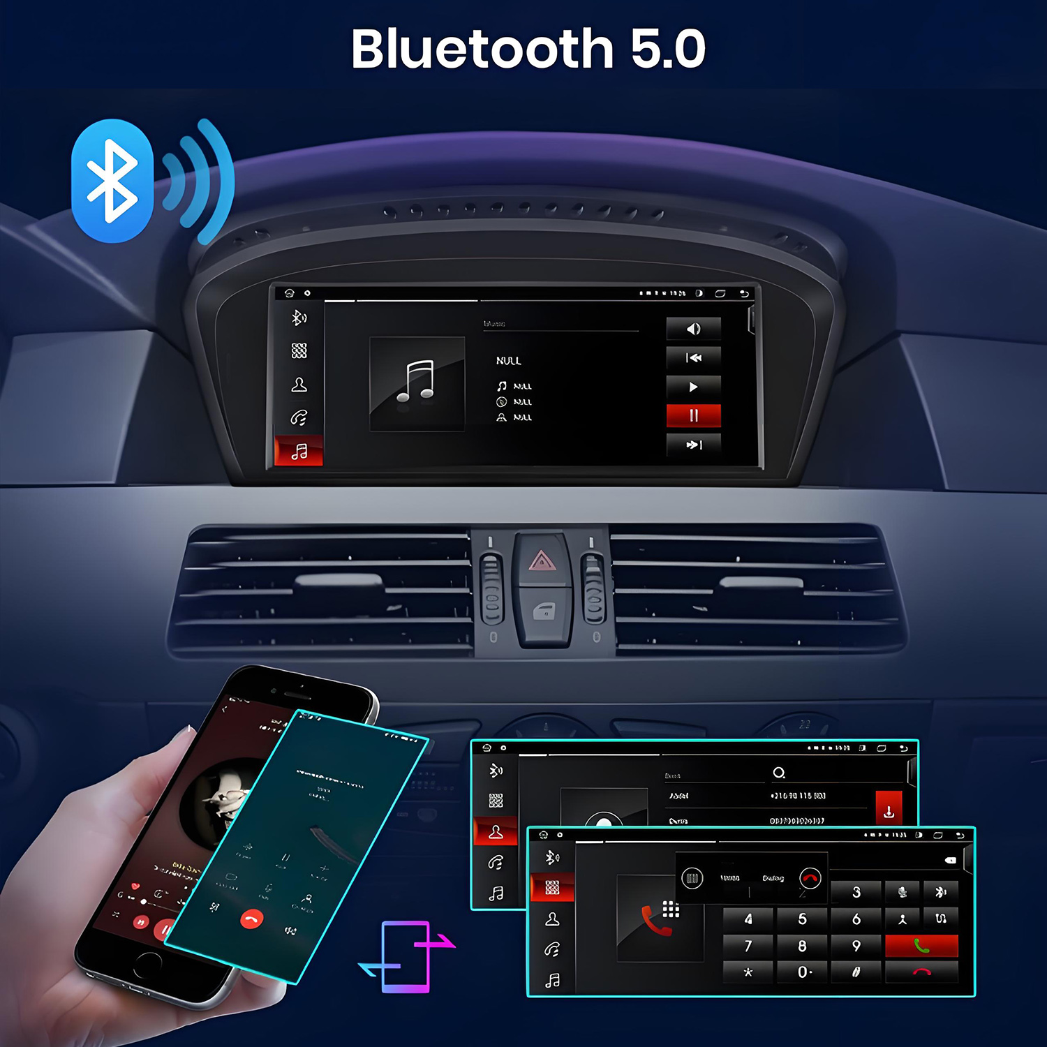 Samochodowy system multimedialny z Bluetooth, podłączony telefon pokazuje ekran połączenia. Wyświetla funkcje muzyczne i telefoniczne na ekranie.
