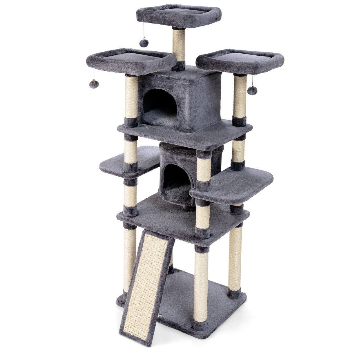 Un árbol para gatos de varios niveles en gris con plataformas, condominios y postes para rascar. Incluye una rampa y bolas colgantes.