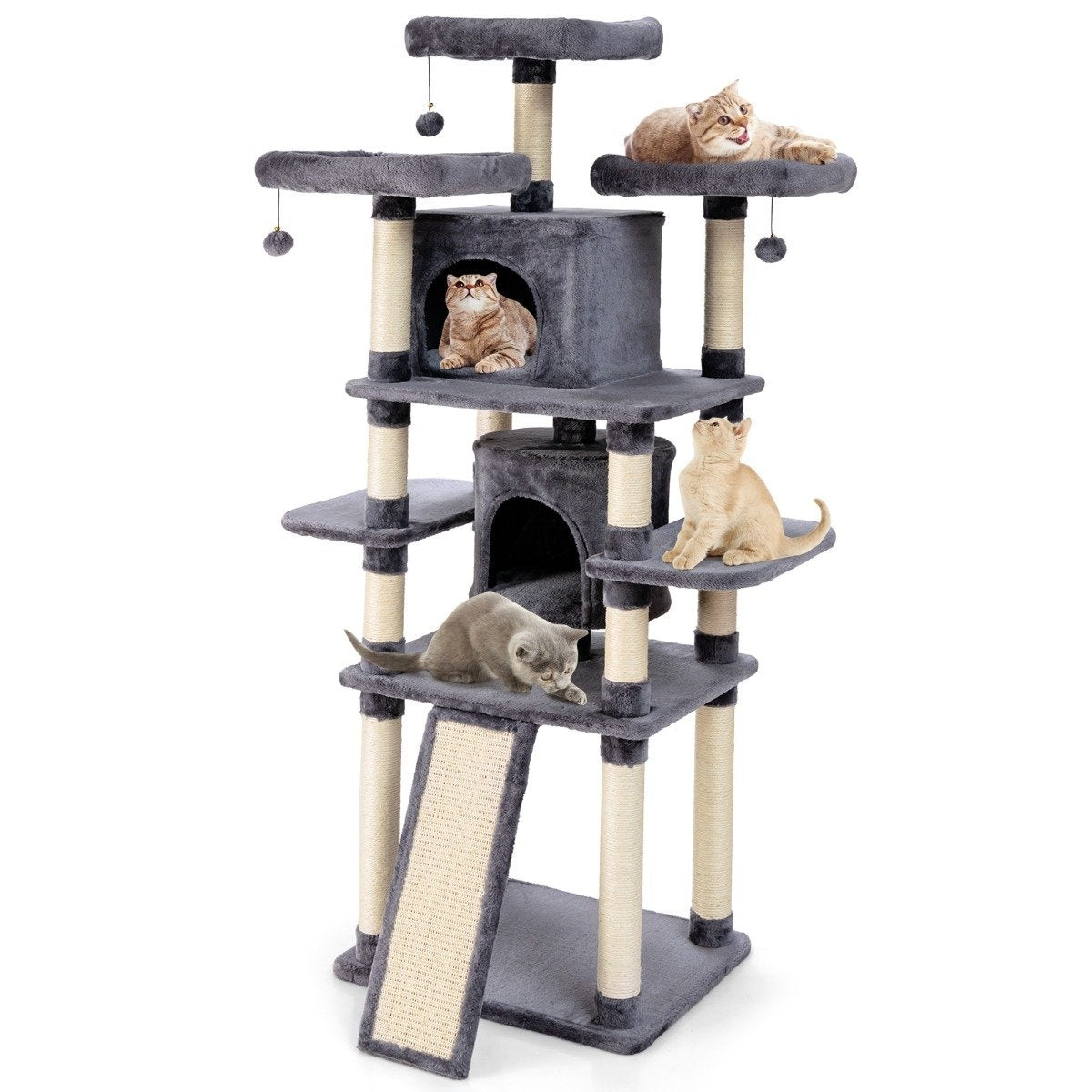 Un árbol para gatos de varios niveles con cinco gatos. Los gatos están en diferentes niveles, algunos descansando, otros mirando. Colores grises y beiges.