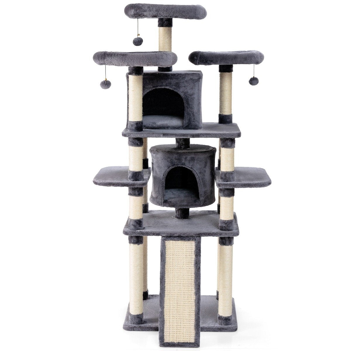 Un árbol para gatos gris con múltiples niveles, plataformas, casas para gatos y postes para rascar, con juguetes colgantes sobre fondo blanco.