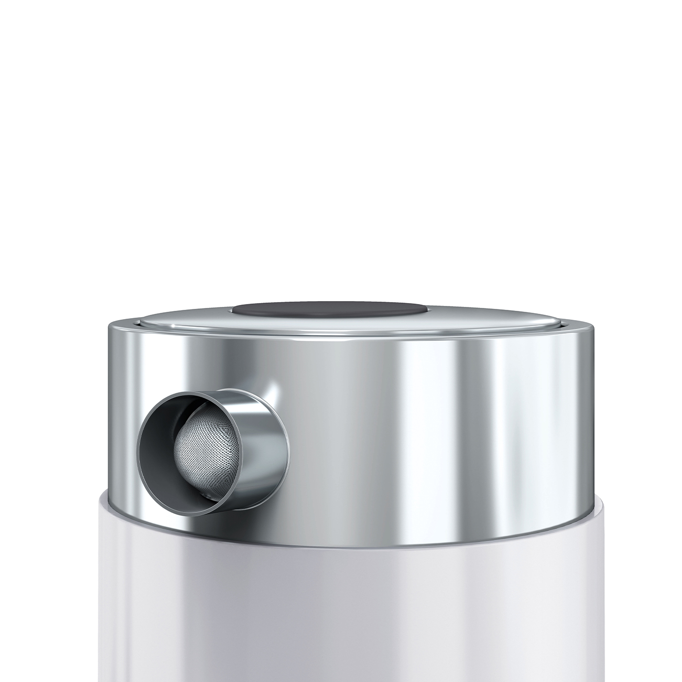 Zbliżenie srebrnego metalicznego urządzenia z czarnym blatem i cylindrycznym kształtem. Widoczny jest otwór pokryty siatką.