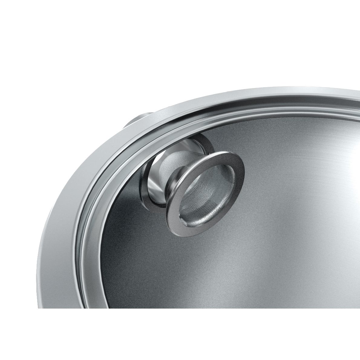 Zbliżenie na pokrywkę garnka ze stali nierdzewnej z uchwytem i przezroczystą szklaną sekcją. Pokrywka częściowo widoczna na białym tle.