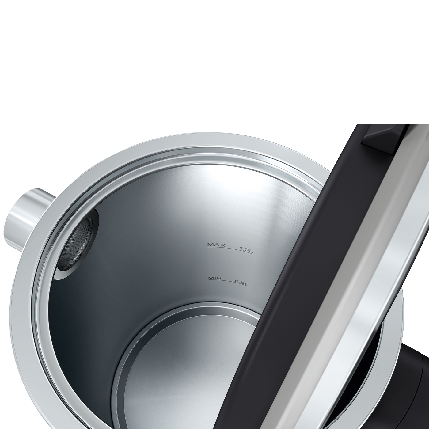 Zbliżenie wnętrza czajnika ze stali nierdzewnej. Pokazuje filtr, oznaczenia pojemności i elementy uchwytu.