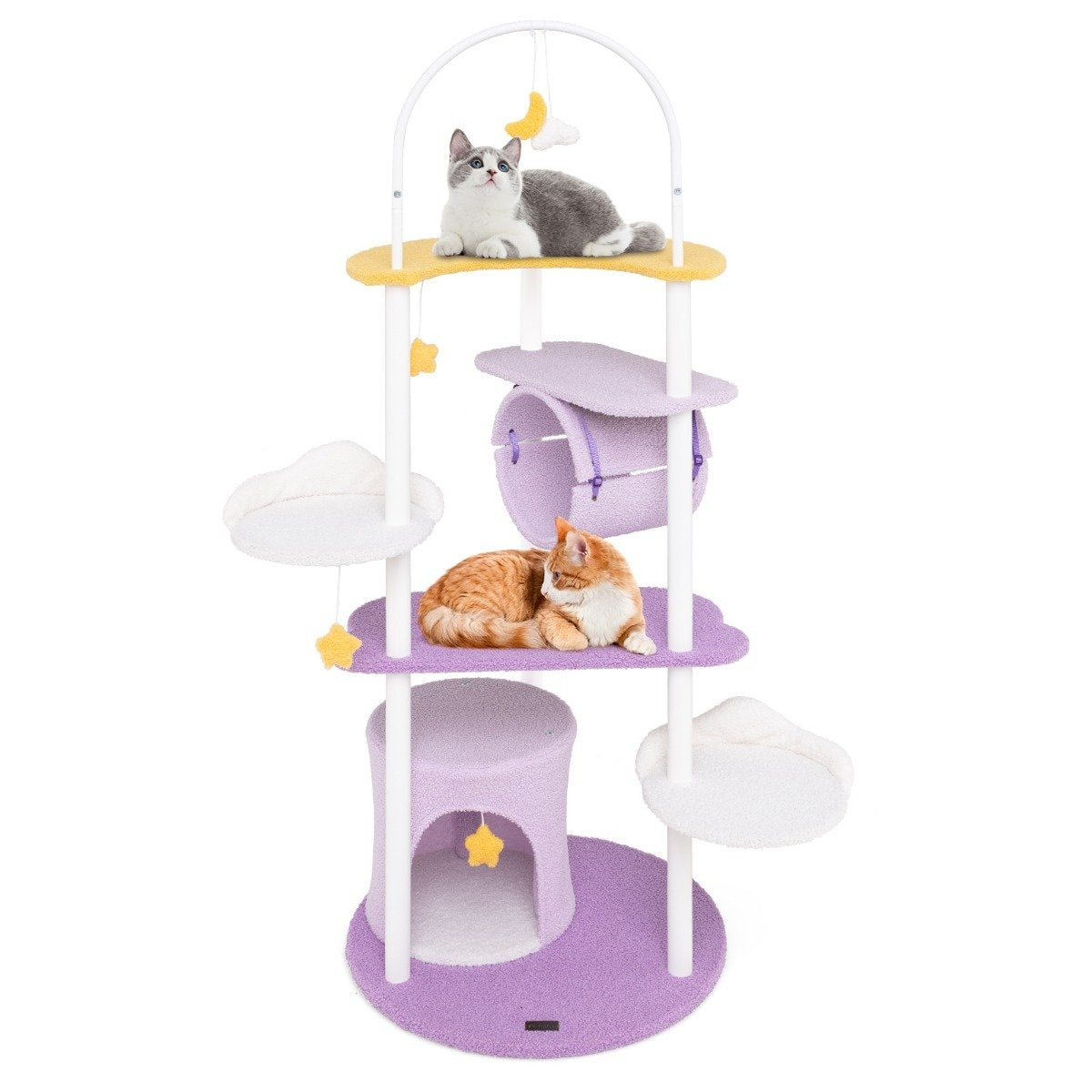 Árbol para gatos con dos gatos. Un gato gris arriba, uno naranja abajo. Plataformas moradas y amarillas, marco blanco.