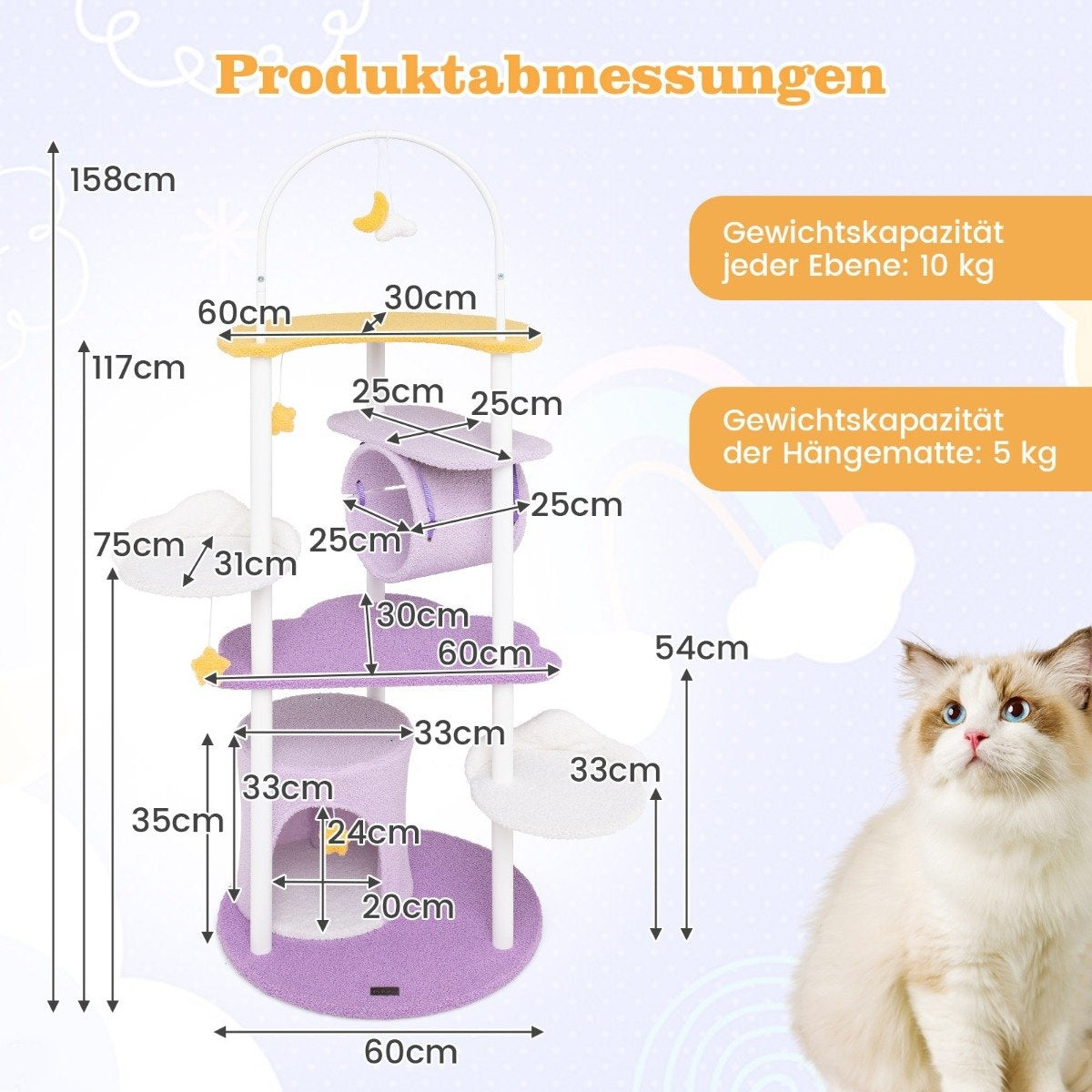 Un árbol para gatos con dimensiones etiquetadas. Un gato mira hacia el árbol. El árbol tiene niveles, una hamaca y una luna.