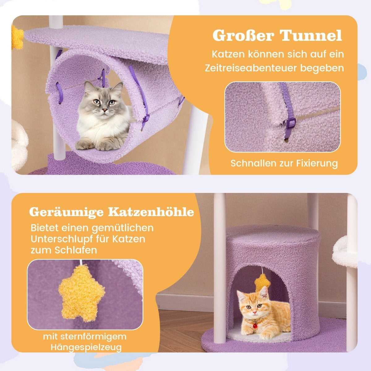 Un árbol para gatos con túnel y gato. El árbol es morado. Hay un gato en una cueva y un juguete en forma de estrella.