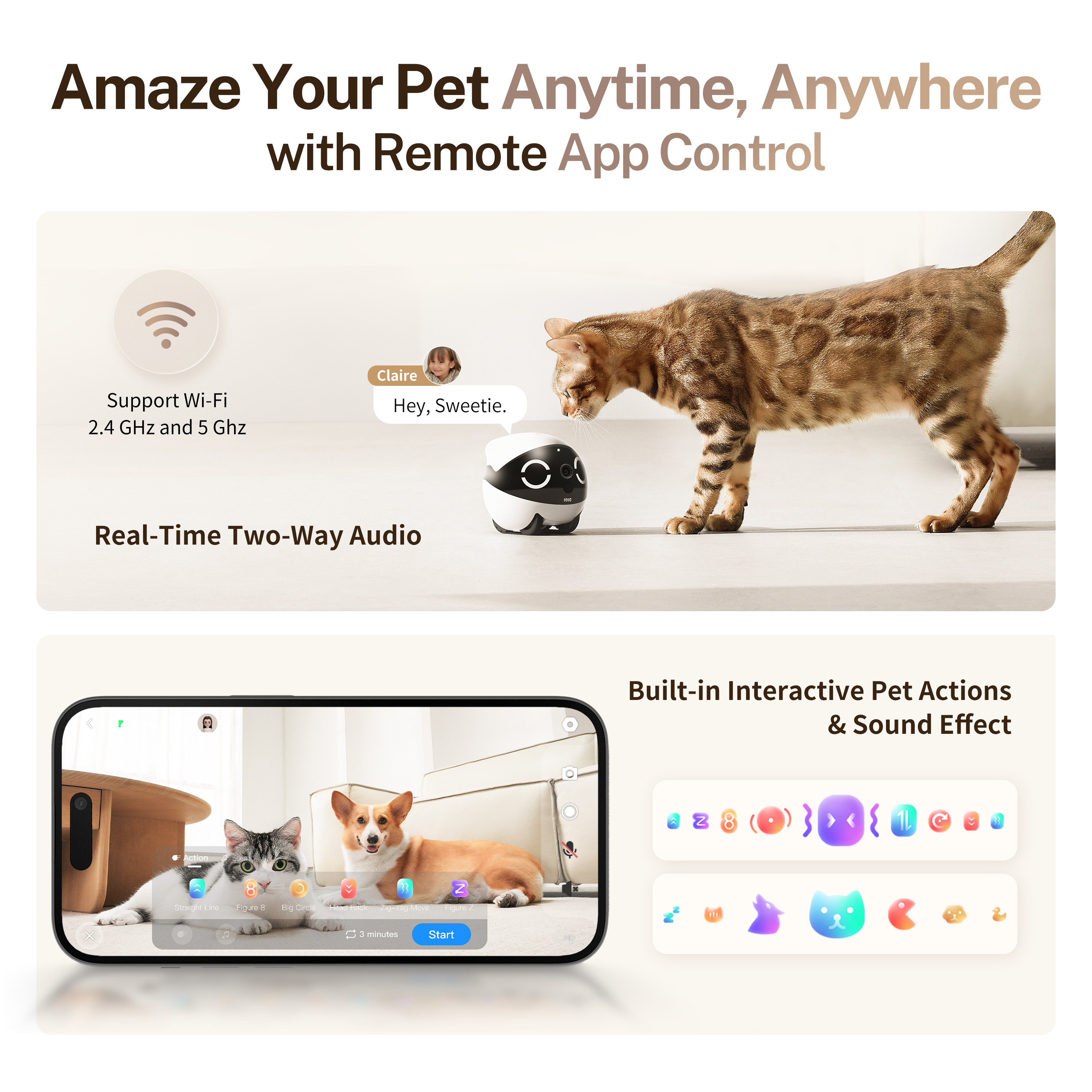 L'immagine mostra un gatto che interagisce con una telecamera per animali domestici. Uno schermo del telefono mostra due cani e un gatto.