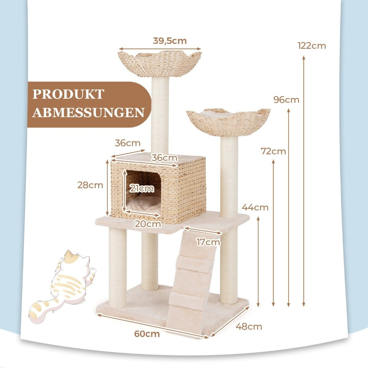 Árbol para gatos con dimensiones etiquetadas. Cuenta con plataformas, una caseta, postes para rascar y una rampa. Un gato de dibujos animados en la esquina inferior izquierda.