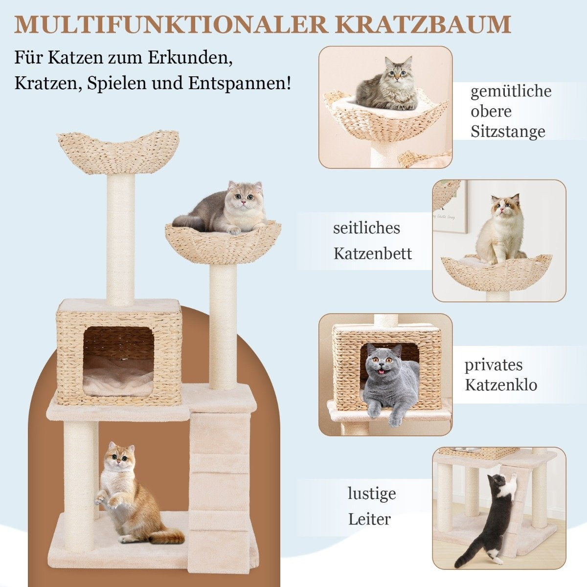 Un árbol para gatos multifuncional con múltiples niveles, postes rascadores y camas para gatos. Varios gatos usan diferentes funciones.
