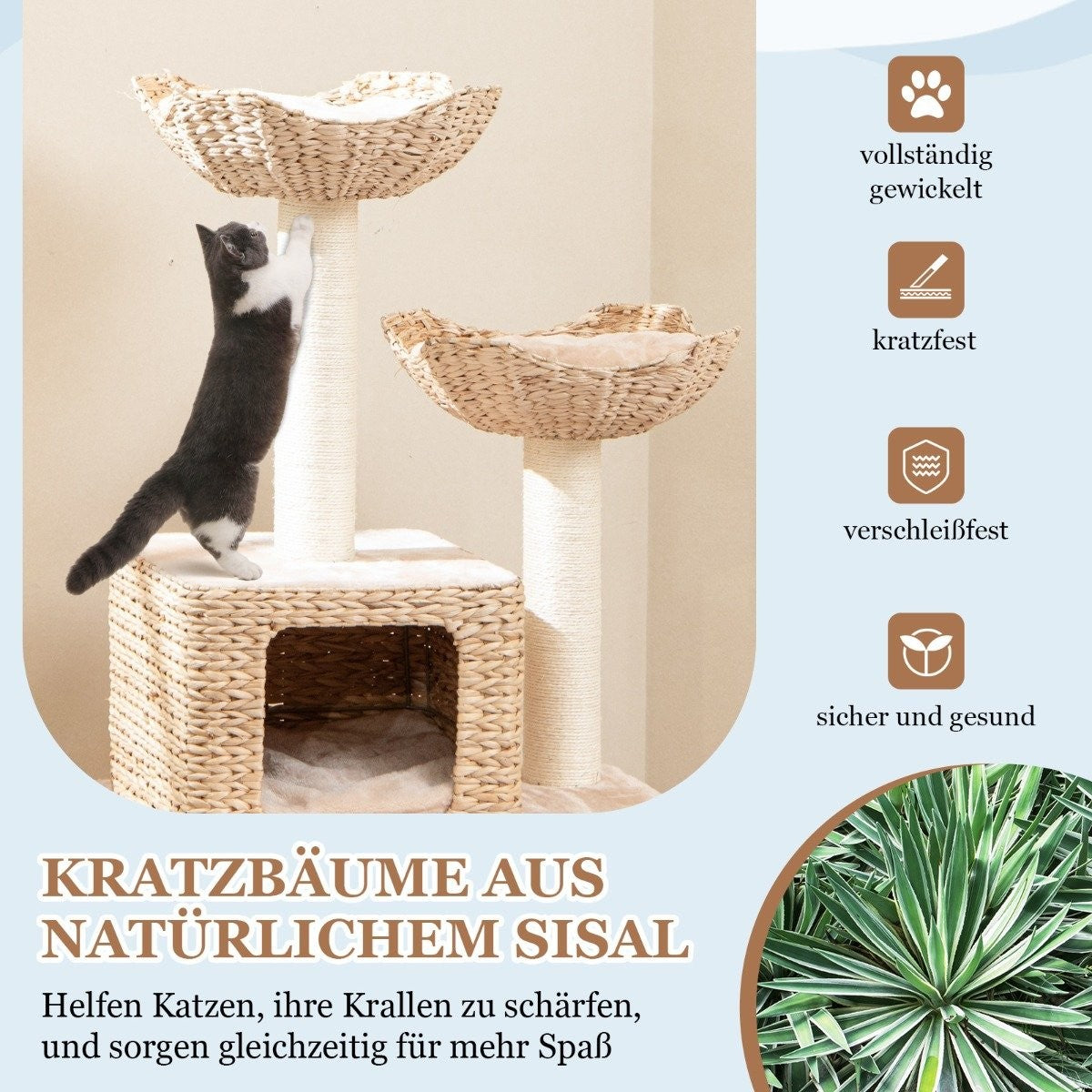 Un gato trepa por un rascador de sisal con dos plataformas. Texto: Rascadores hechos de sisal natural. Para que los gatos afilen sus garras.