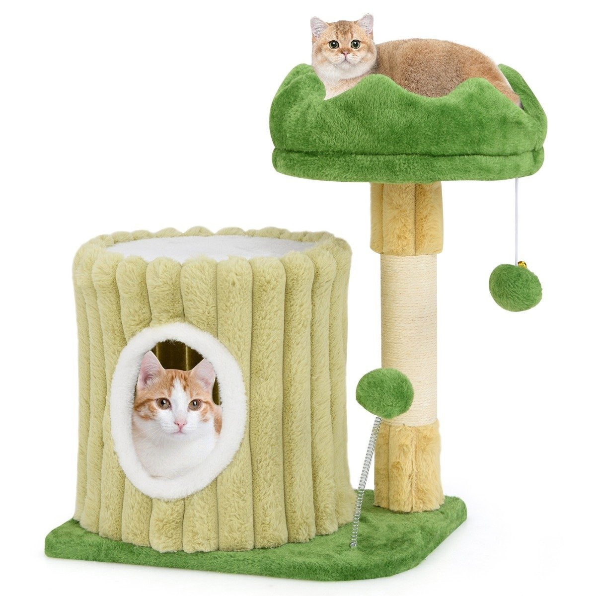 Un árbol para gatos con dos gatos. Un gato está en la plataforma superior, y otro dentro de la casa para gatos.