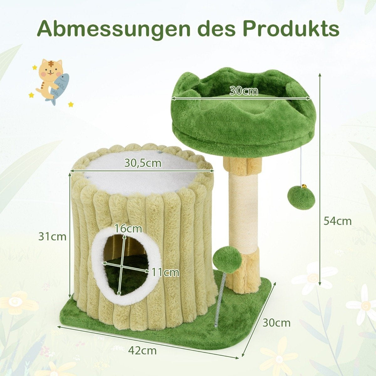 Un árbol para gatos con una casa en forma de tronco de árbol, una percha superior y un poste rascador. Las dimensiones están etiquetadas en cm. Un gato de dibujos animados está en la esquina.
