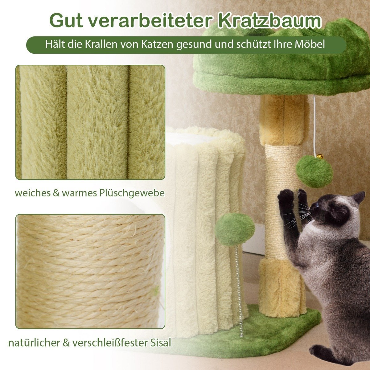 Un gato juega en un rascador verde y beige. Tiene partes afelpadas y de sisal. El texto muestra beneficios.