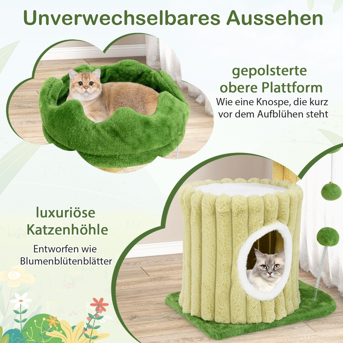 La imagen muestra dos casas para gatos, una verde, con forma de flor, con un gato dentro. La otra es en forma de tronco de árbol verde claro, también con un gato.