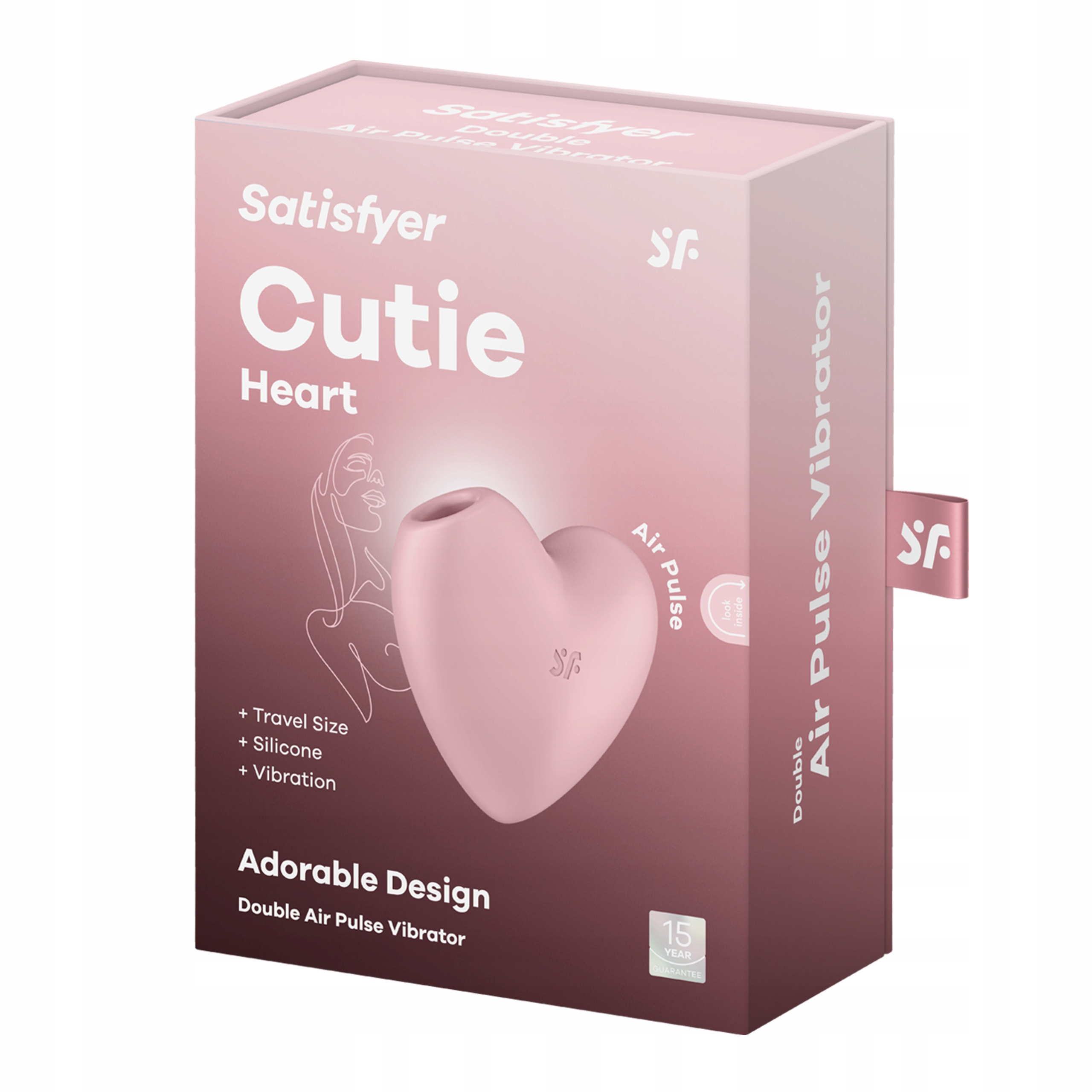 Różowe pudełko Satisfyer Cutie Heart z tekstem i urządzeniem w kształcie serca. Ma napis 'Adorable Design'.