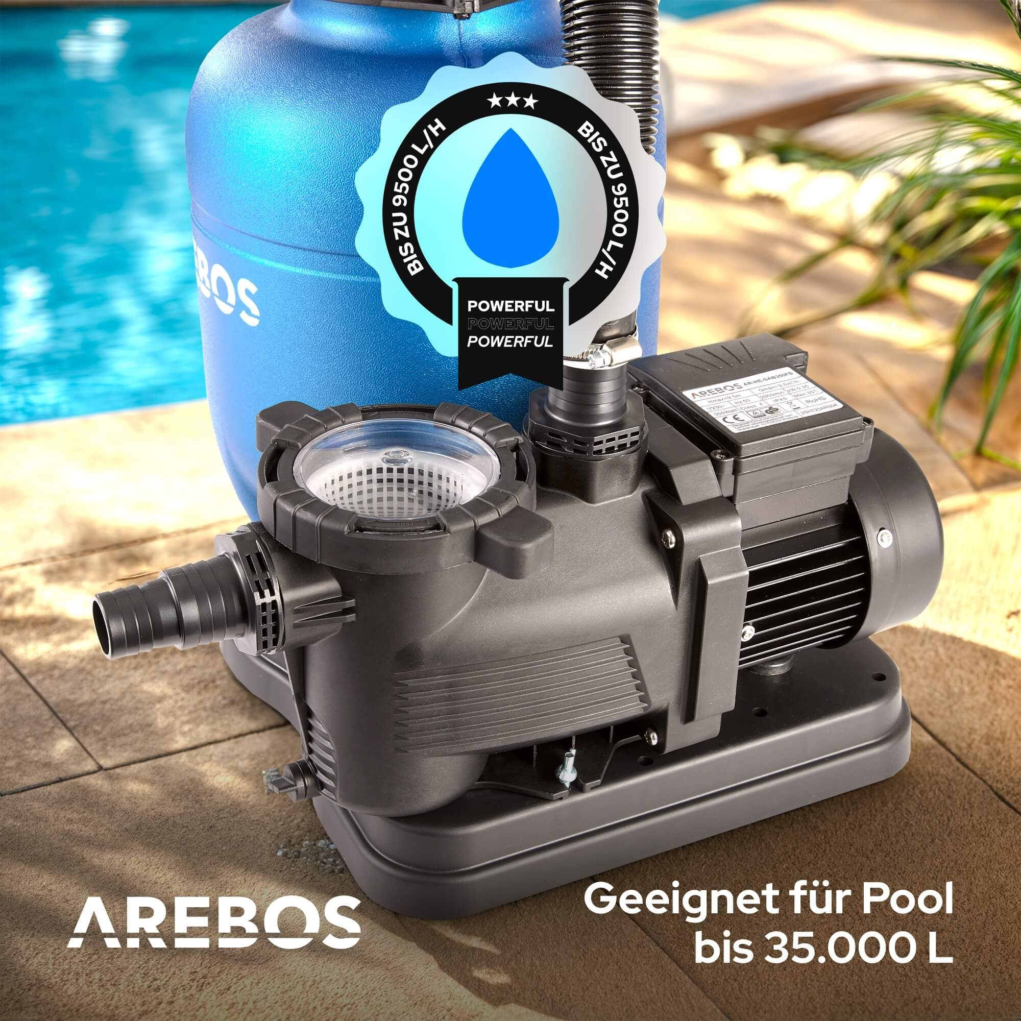 Eine Poolpumpe mit blauem Tank, schwarzen Pumpenkomponenten und einem Pool im Hintergrund. Text auf der Pumpe: 'AREBOS' und '9500 L/H'.