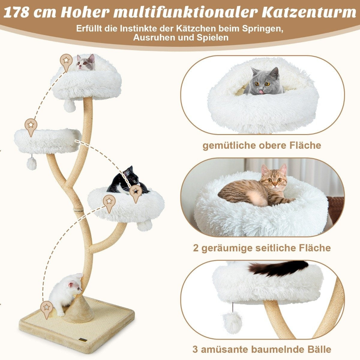 Un árbol para gatos con múltiples plataformas y áreas para descansar. Varios gatos descansan en las plataformas. El texto destaca características.