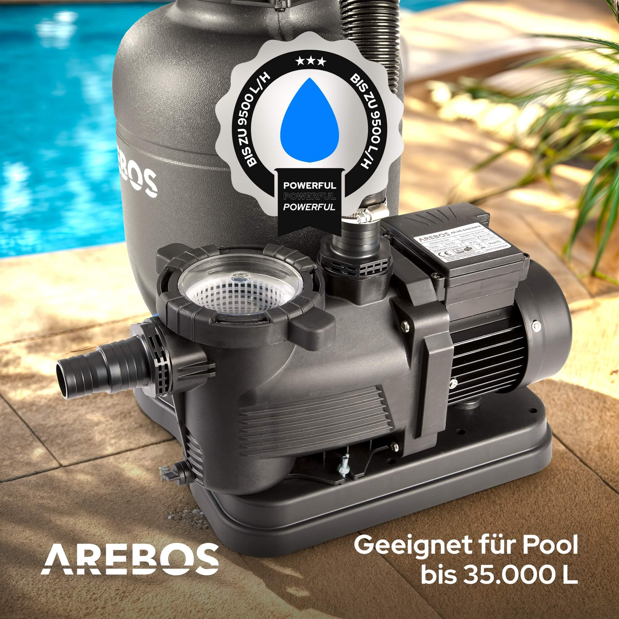 Eine schwarze Poolfilterpumpe mit blauem Wassertropfen-Logo. Im Hintergrund ein Pool und Pflanzen.