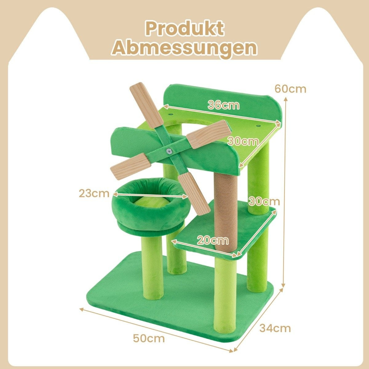 Un árbol para gatos verde con múltiples niveles, una cama y un juguete de molino de viento. Se muestran las dimensiones. El fondo es blanco.