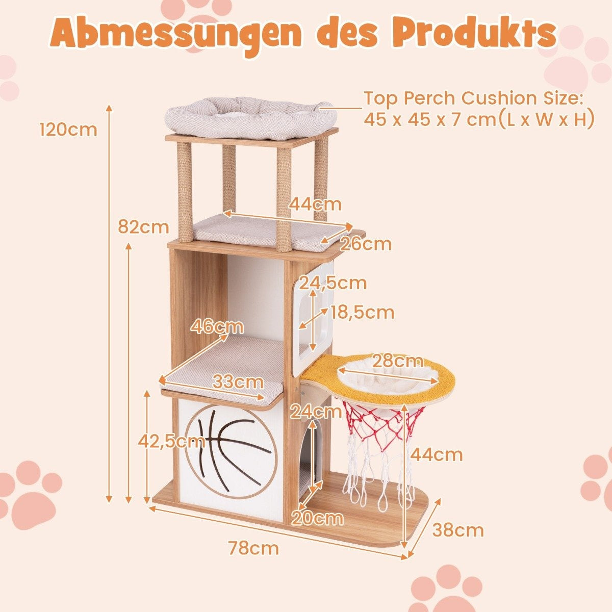 Un árbol para gatos con múltiples niveles, una percha superior, postes para rascar y una canasta de baloncesto. Dimensiones etiquetadas.